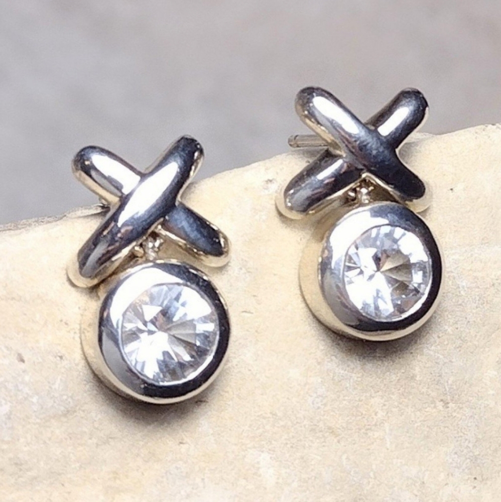 Sterling Silver XO CZ Stud Earrings Vintage Love Kiss Hug